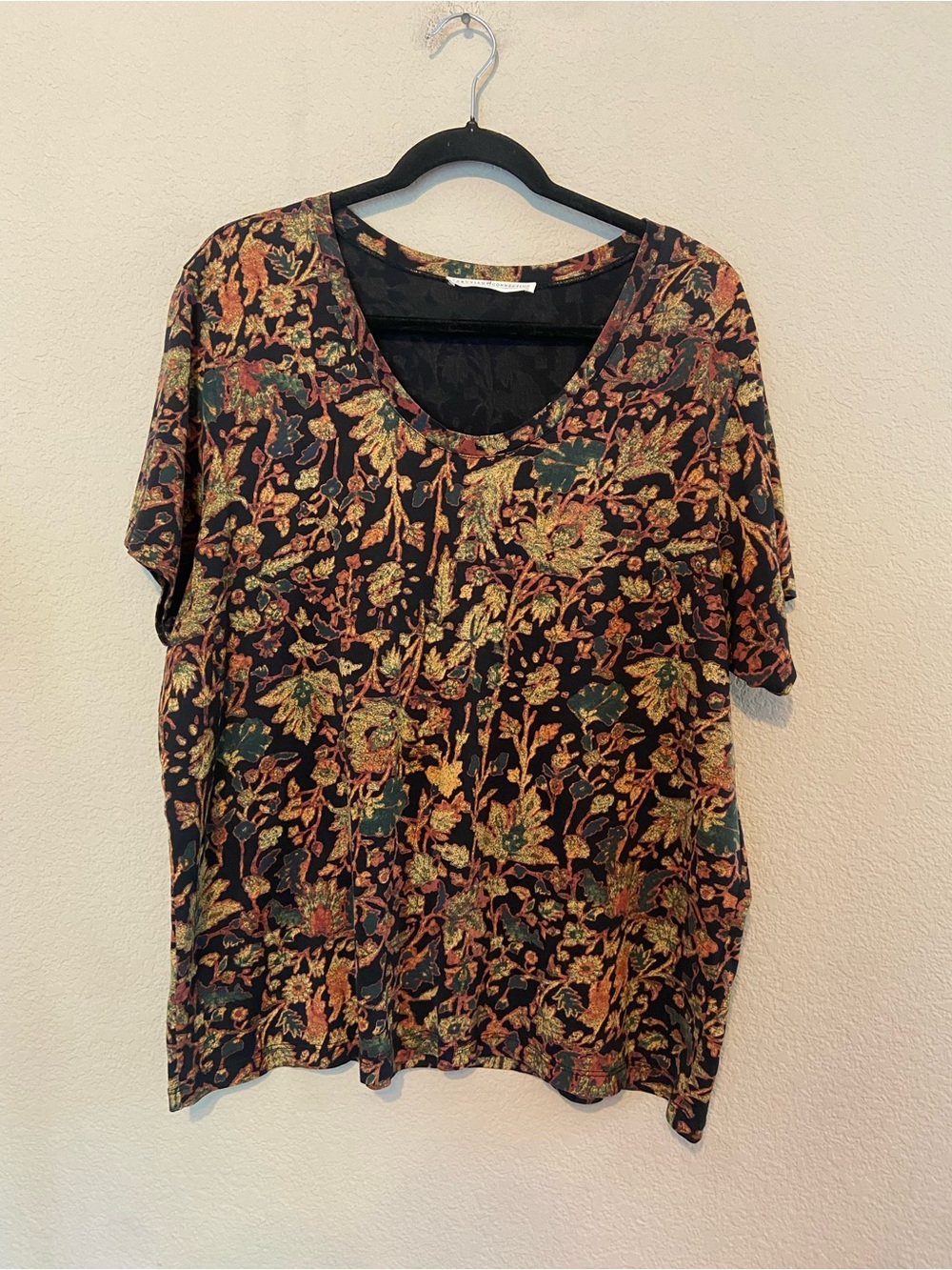 Peruvian Connection 100% Pima Cotton Top XL Dark Floral Short Sleeve bohemian